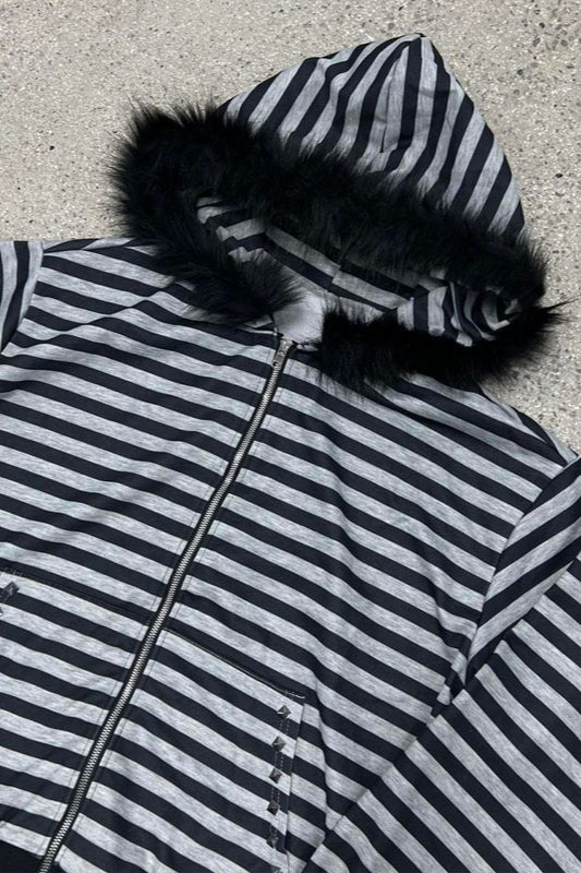 Striped Fur Trim Zip Hoodie Secondary image