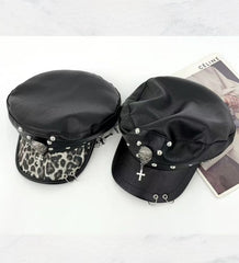 Punk Leopard Print Leather Beret Hat
