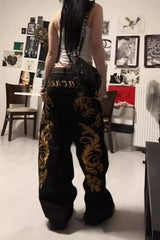 Trendy Heavy Duty Gold Print Wide Leg Pants