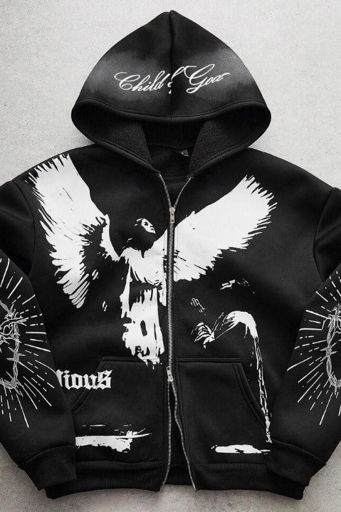 Dove Heart Graphic Black Zip Hoodie Main image