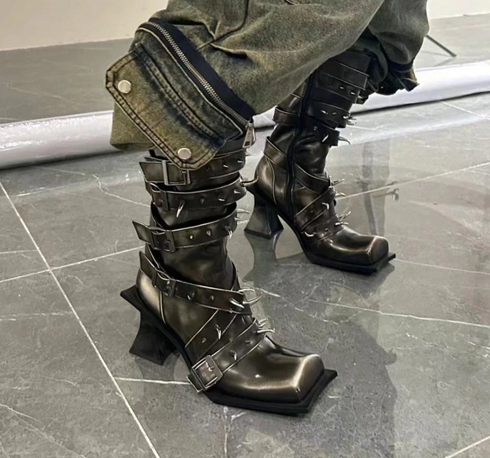 Square Toe Metal Rivet Punk Knee-High Western Boot Main image