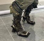 Square Toe Metal Rivet Punk Knee-High Western Boot