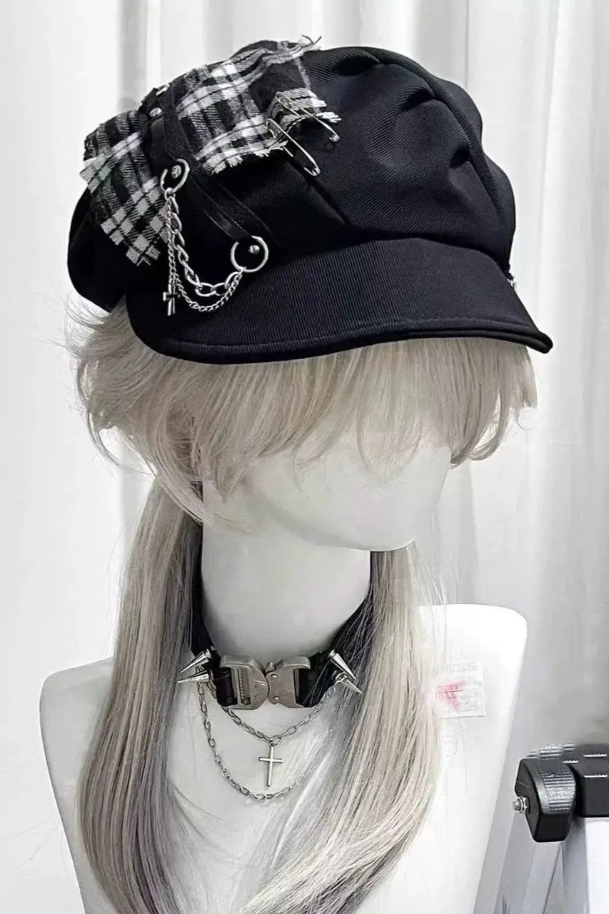 Y2K Subculture Punk Gothic Cross Checkered Sweet Cool Beret Hat Main image