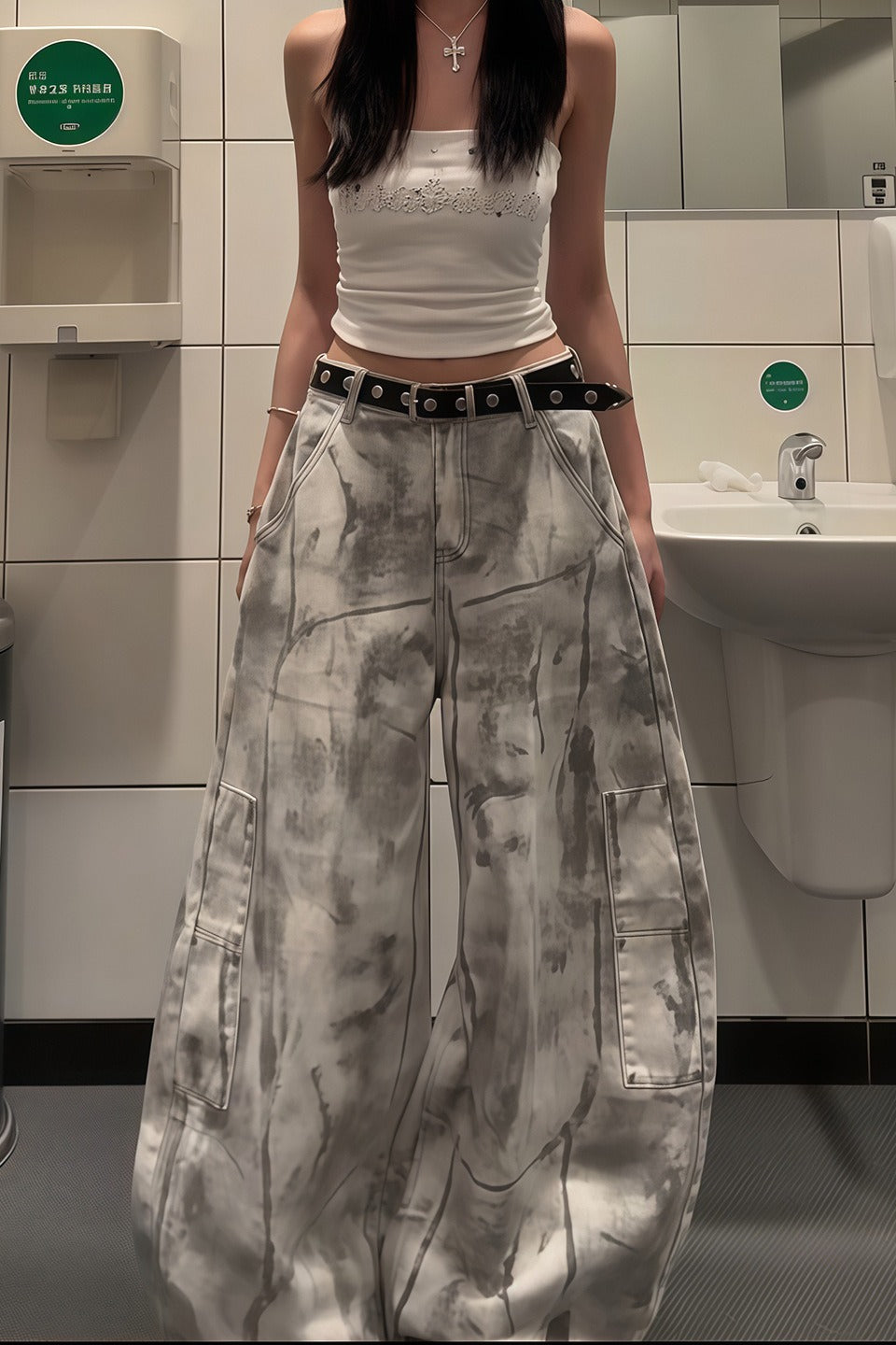 Distressed Dyed Curved Wide Leg Denim Pants Secondary image