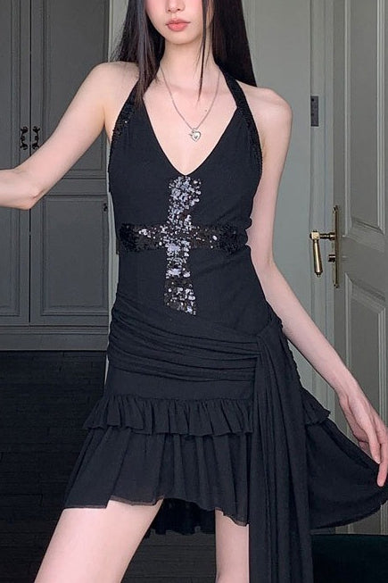 Black Sequin Cross Halter V-neck Mini Dress Main image