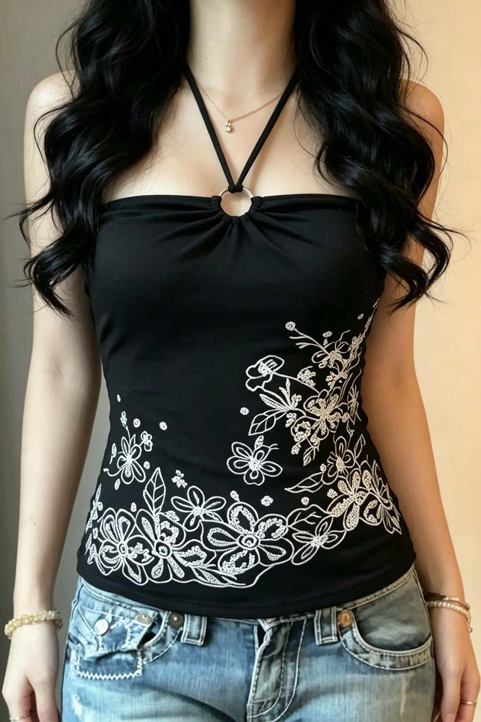 Floral Print Ring Halter Tank Top