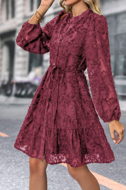 Button Front Floral Lace Tie Waist Dress