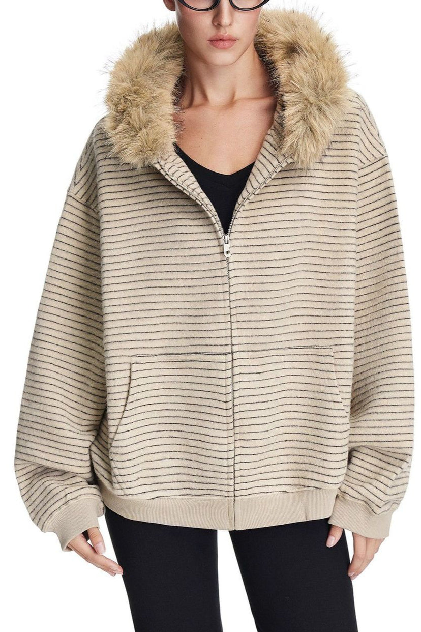 Fine Stripe Fluffy Trim Hoodies