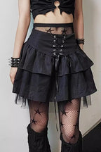 Black Lace-Up Layered Mini Skirt