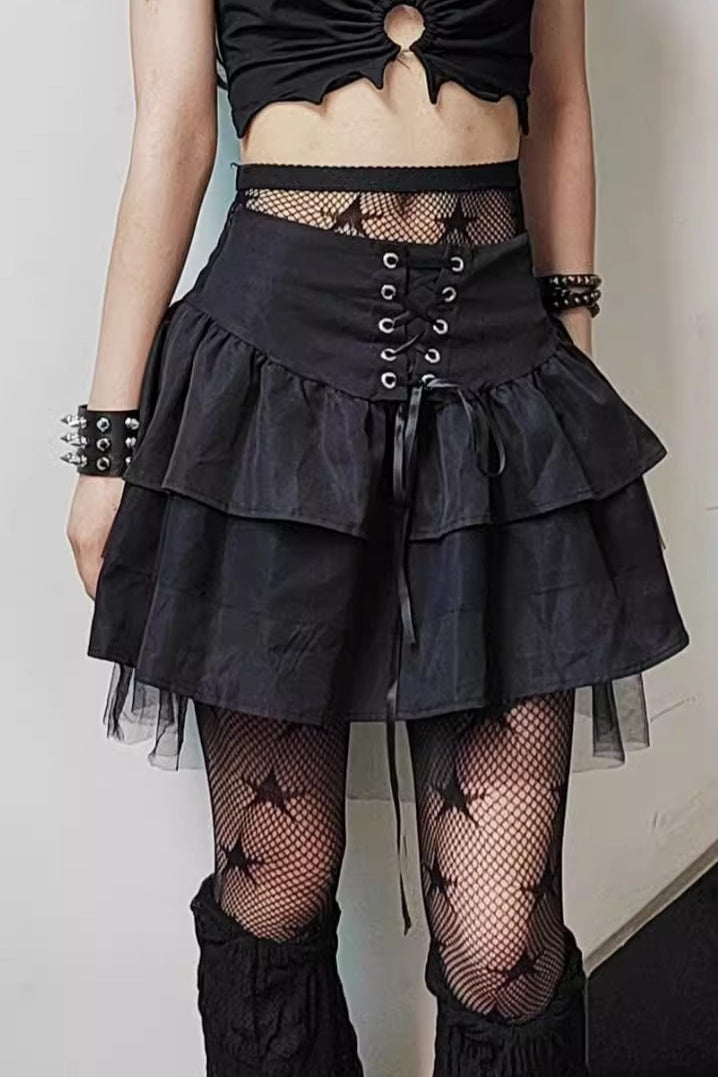Black Lace-Up Layered Mini Skirt