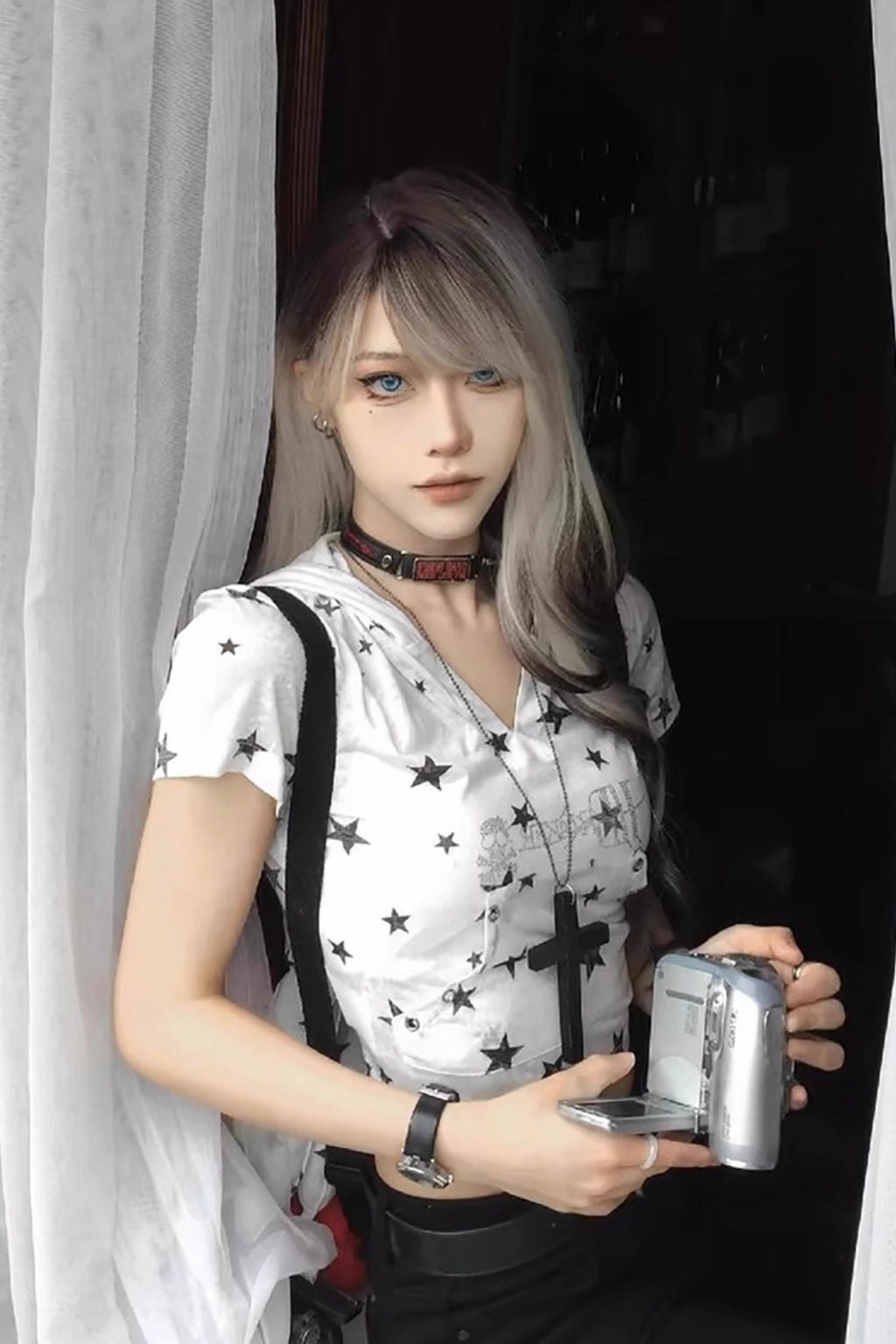Punk Star Print Slim V-neck Hooded Crop Top