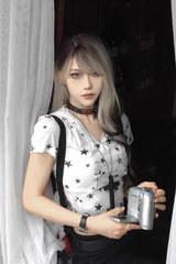 Punk Star Print Slim V-neck Hooded Crop Top