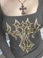 Cross Print Gothic Slim Long Sleeve Knit Top
