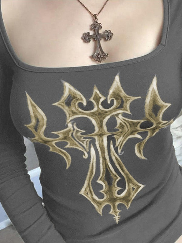 Cross Print Gothic Slim Long Sleeve Knit Top