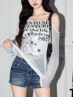 Subculture Print Lace Off-Shoulder Mesh Top