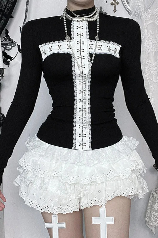Y2K Aesthetic Lace Paneled Gothic T-shirt Secondary image