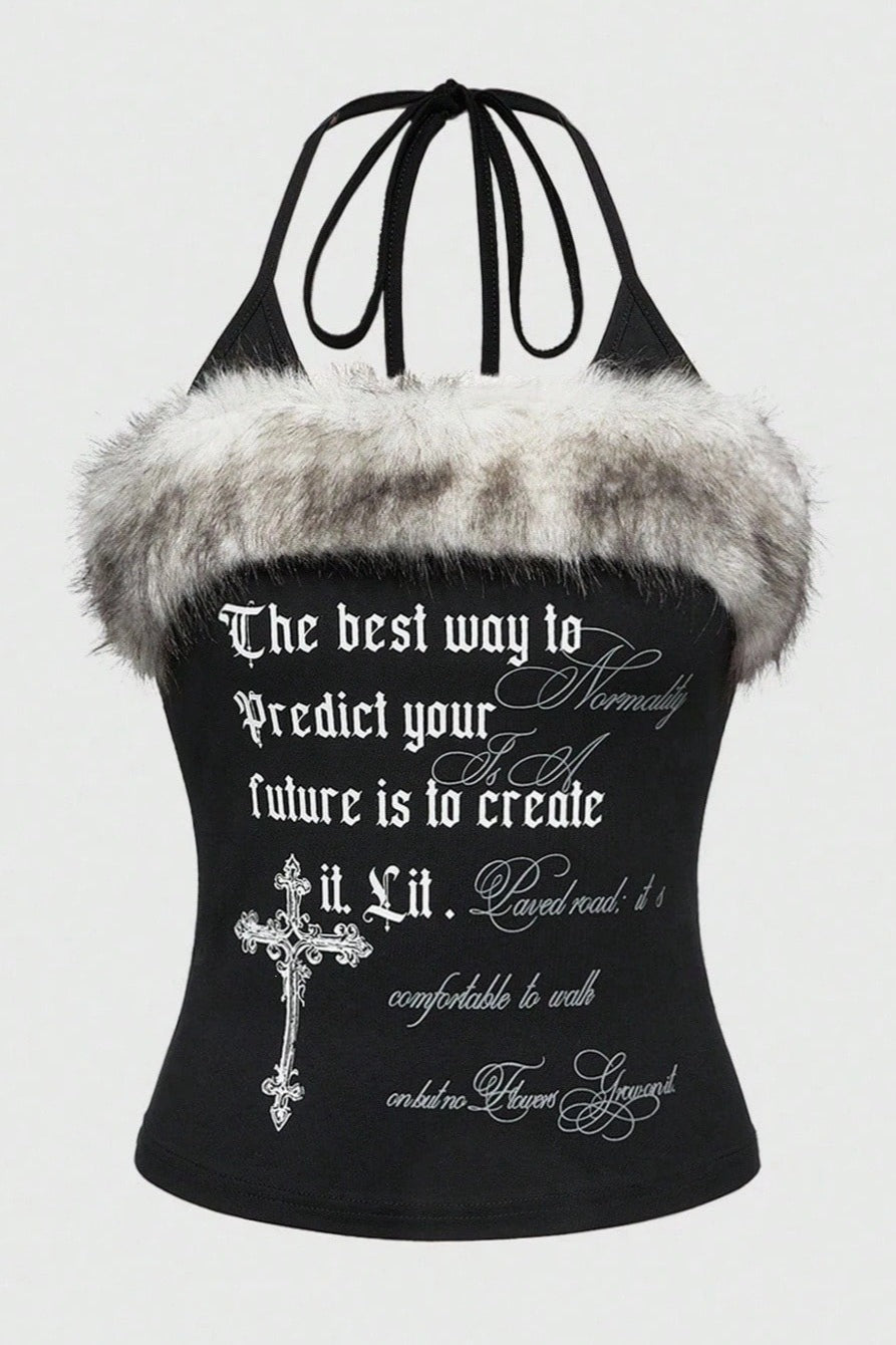 Plush Trim Letter Halter Tank Top Main image