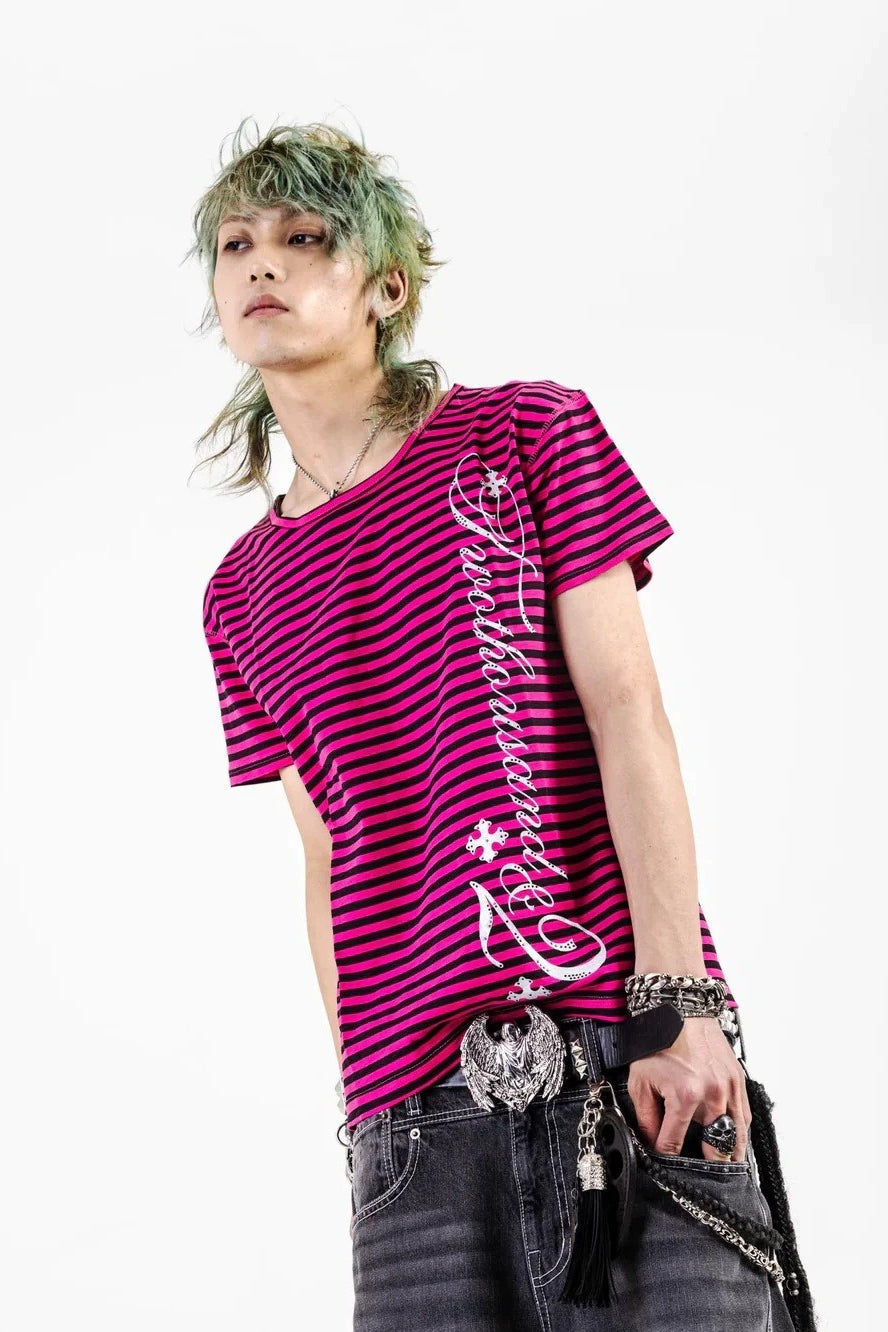 Striped Gothic Cross Printed Vintage Wash T-shirt Main image