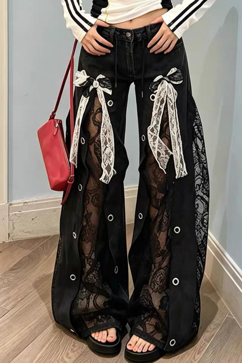 Lace Bow Wide Leg Jeans