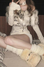 Y2K Fur Collar Slim Off Shoulder Knit Top