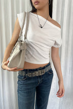 Y2K Solid Color Rhinestone Off Shoulder T-shirt