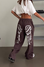 Wing Print High Waist Wide Leg Pants