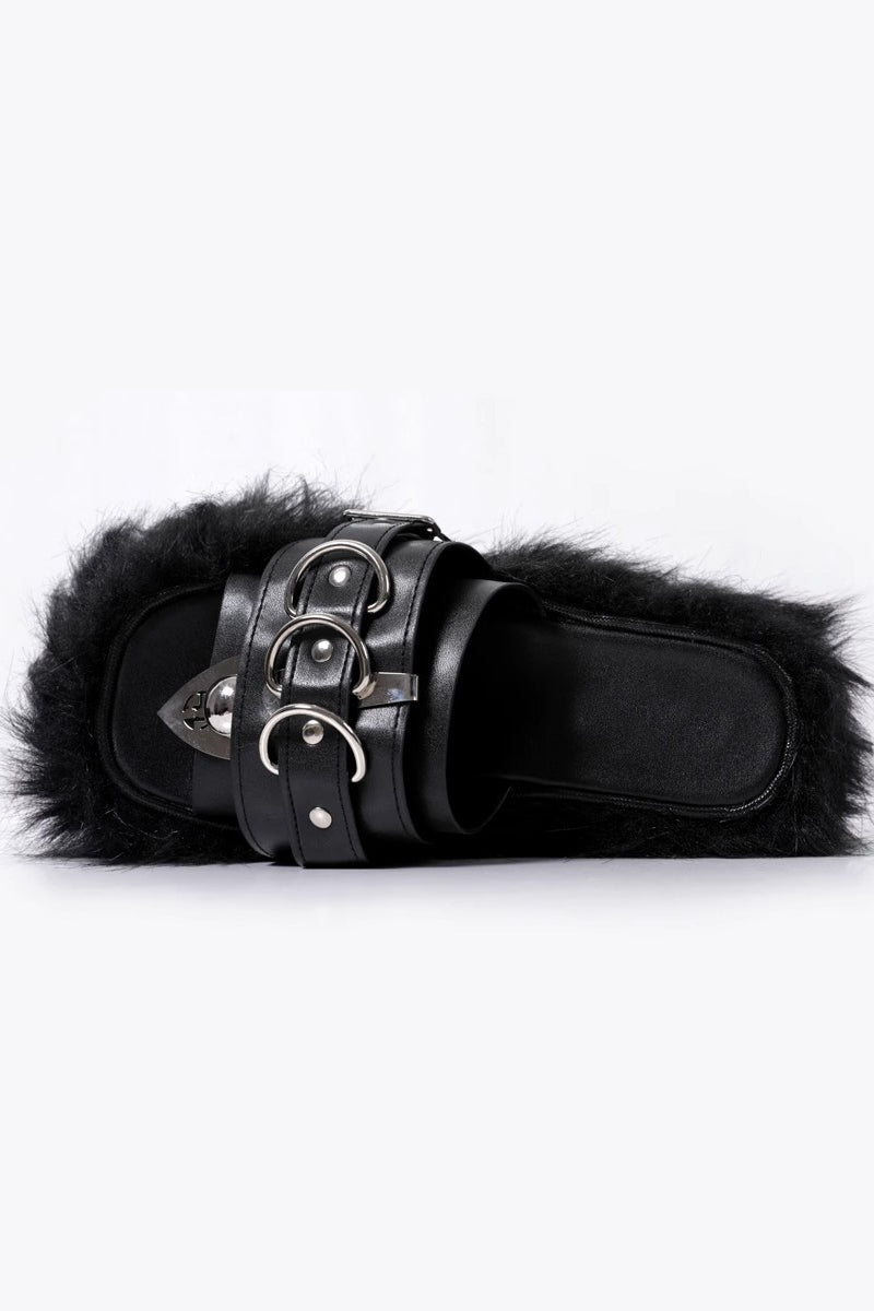 Faux-Fur Buckle Platform Slides