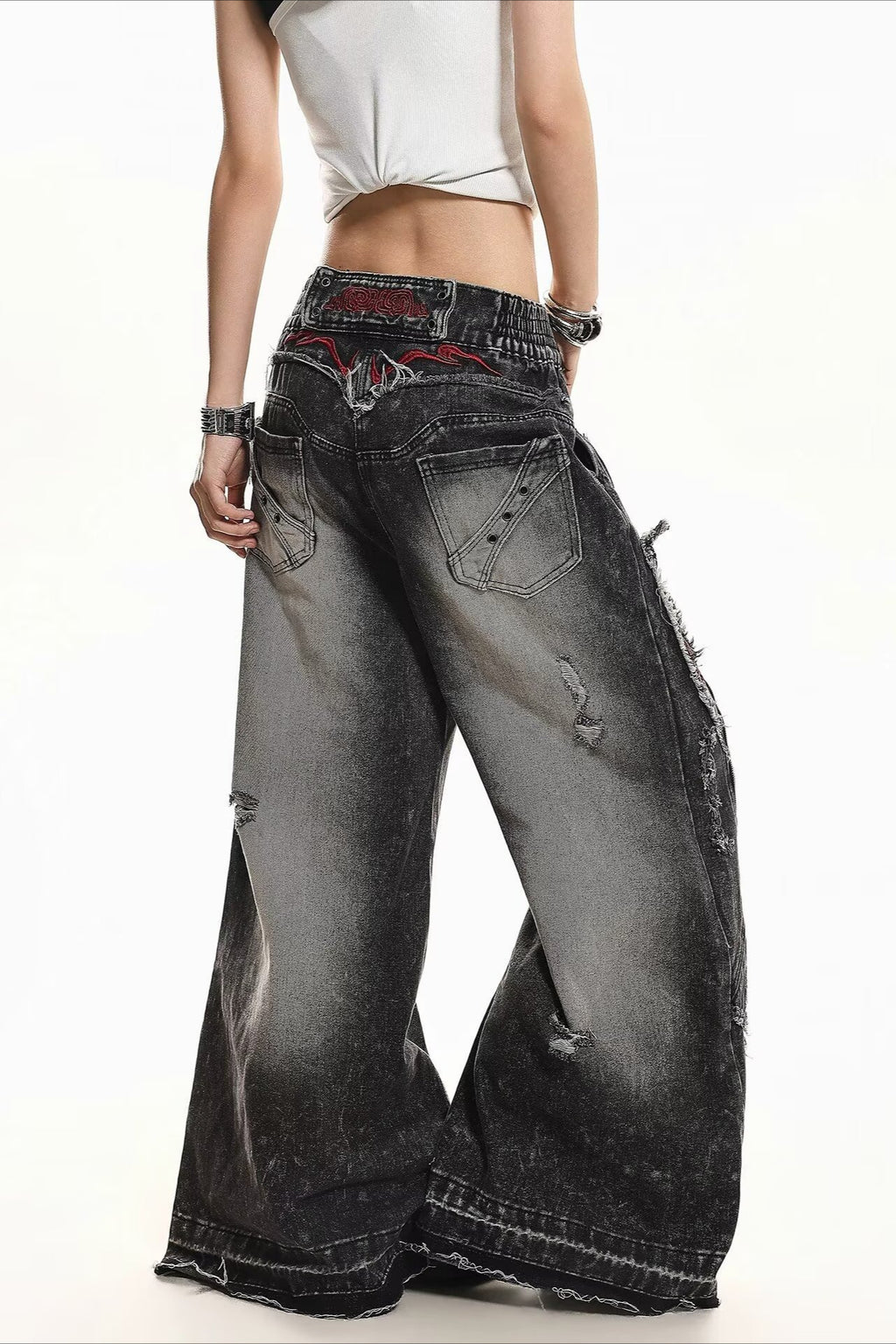 Curved Seam Washed Denim Pants