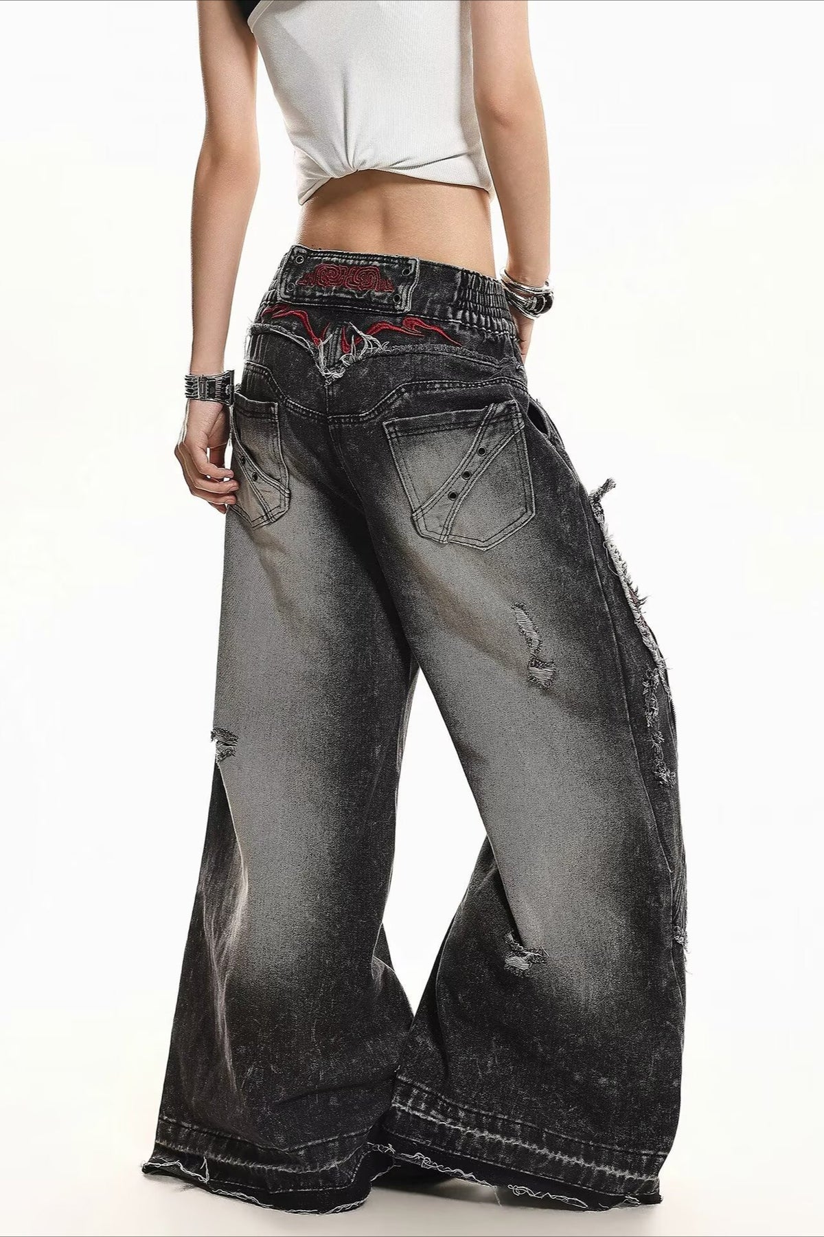 Curved Seam Washed Denim Pants