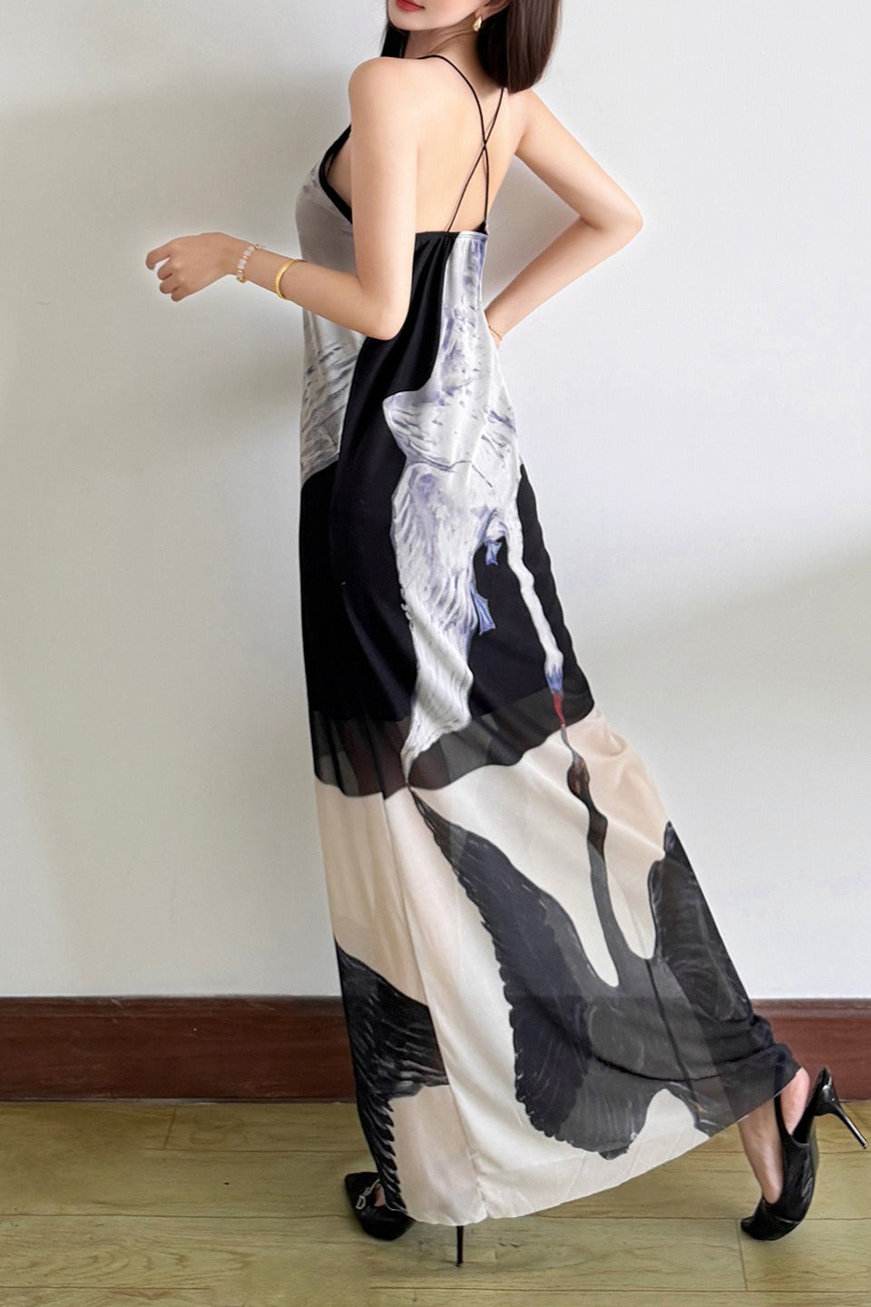 Swan Print Cross Strap Maxi Dress
