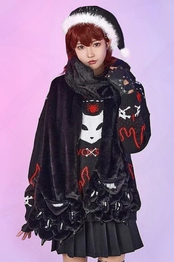 Gothic Christmas Cat Head Pattern Crew Neck Women's Knit Sweater Main image