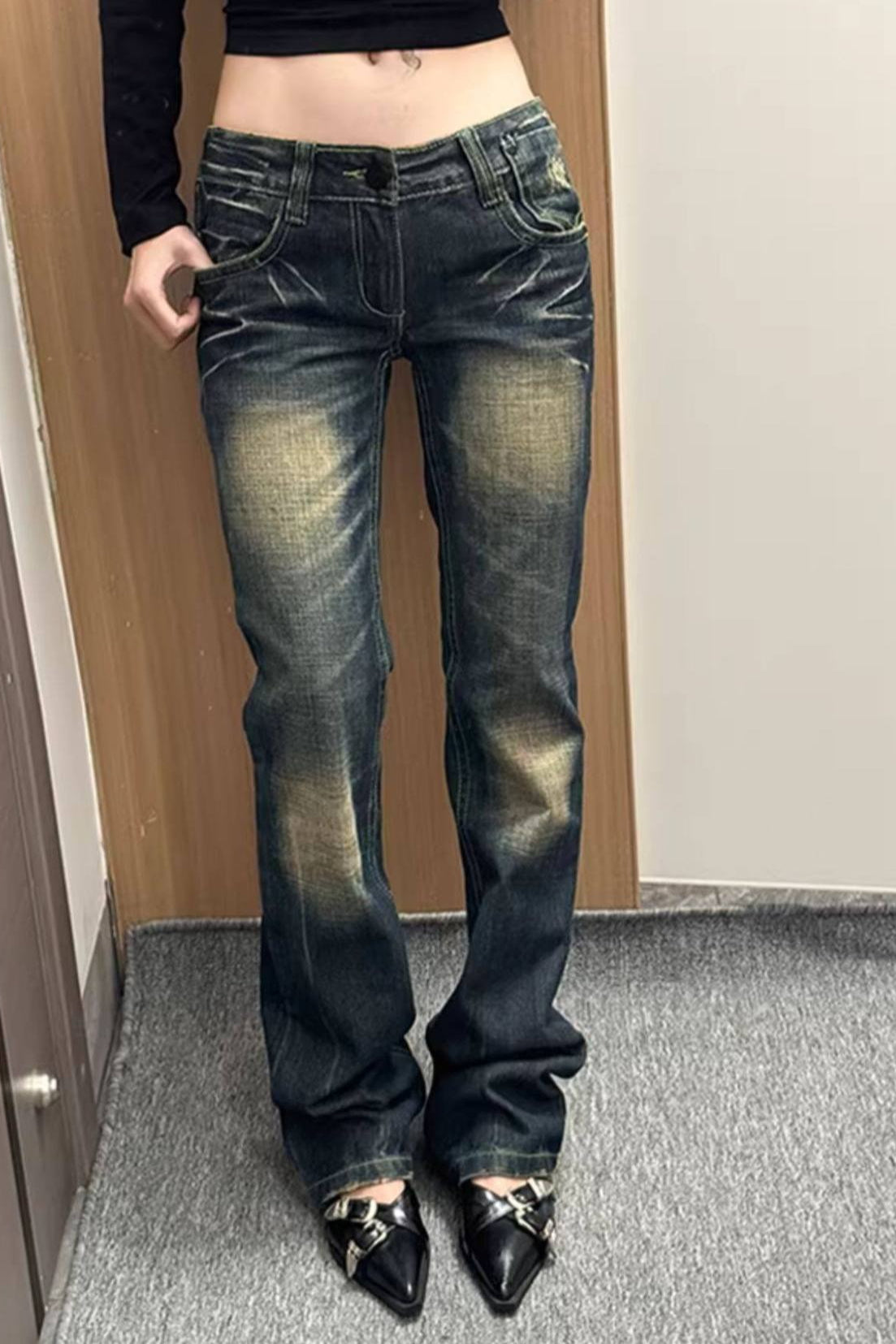 Embroidered Washed Denim Pants Secondary image