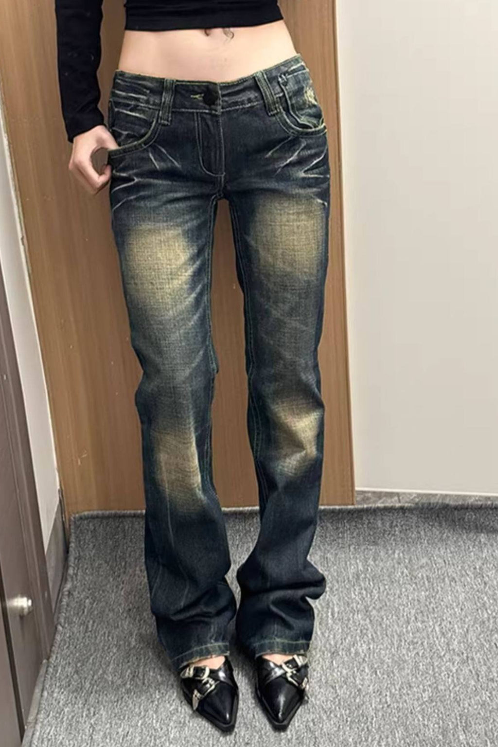 Embroidered Washed Denim Pants