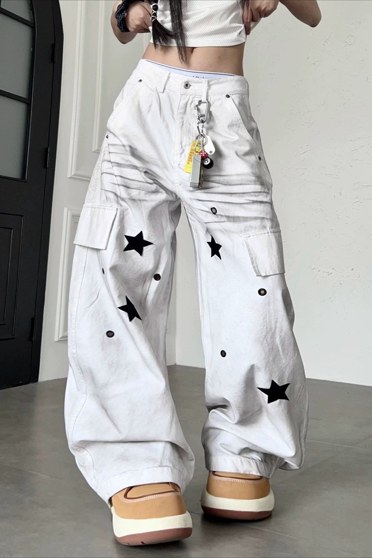 Star Print Cargo Denim Pants