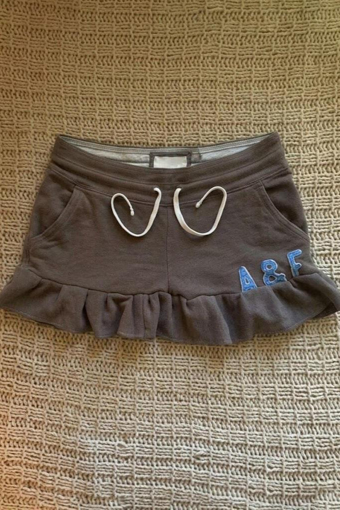 Brown Ruffle Drawstring Mini Skirt