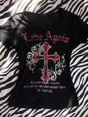 Edgy Y2K Cross Print Casual T-shirt