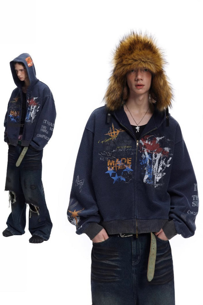 Hip-hop Graffiti Print Zip-up Hooded Coat Main image