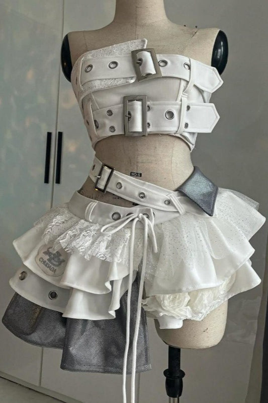 Belted Bandeau Skirt Set And Apron Dress