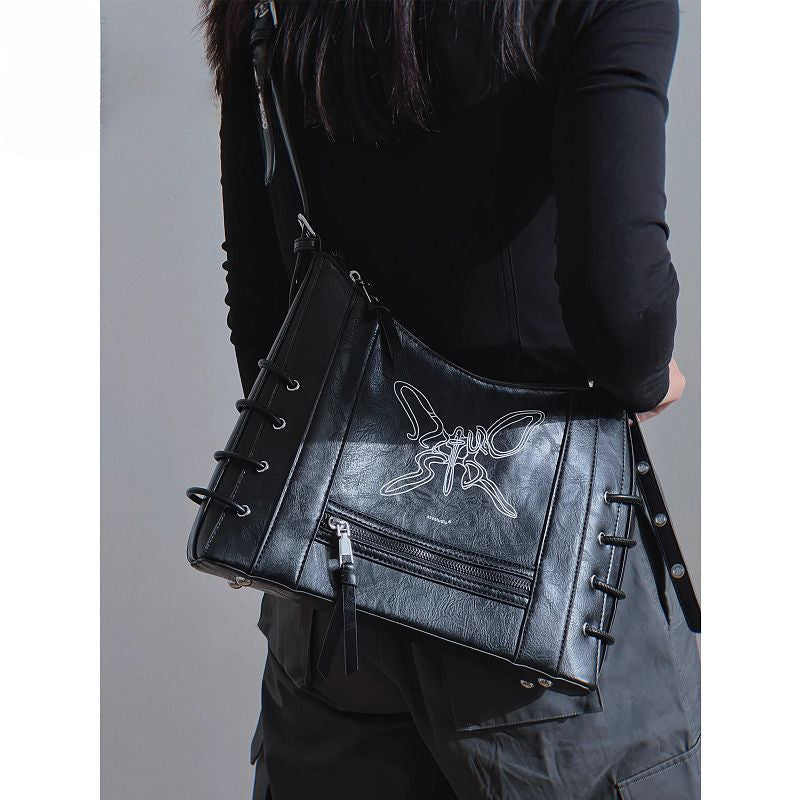 Vintage Harajuku Gothic High Street Butterfly Punk One Shoulder Motor Crossbody Bag Black Halloween