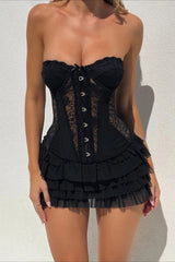 Sheer Layered Ruffled Corset Strapless Mini Dress