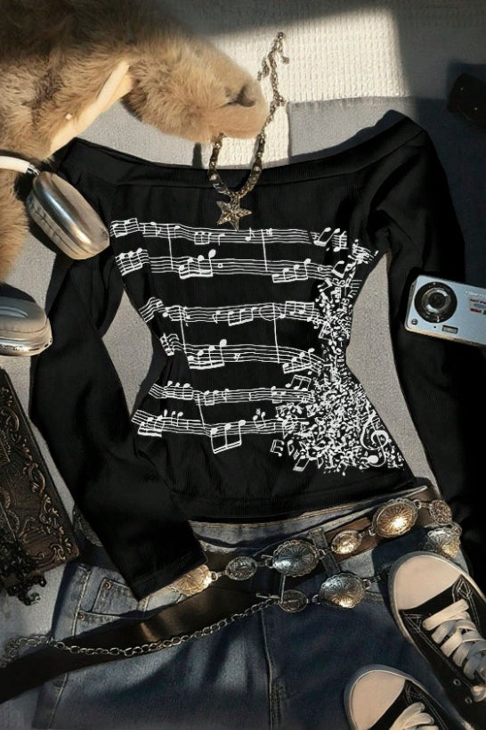 Y2K Note Print Tie Patchwork Long Sleeve  Knit Top Secondary image