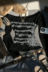 Y2K Note Print Tie Patchwork Long Sleeve  Knit Top