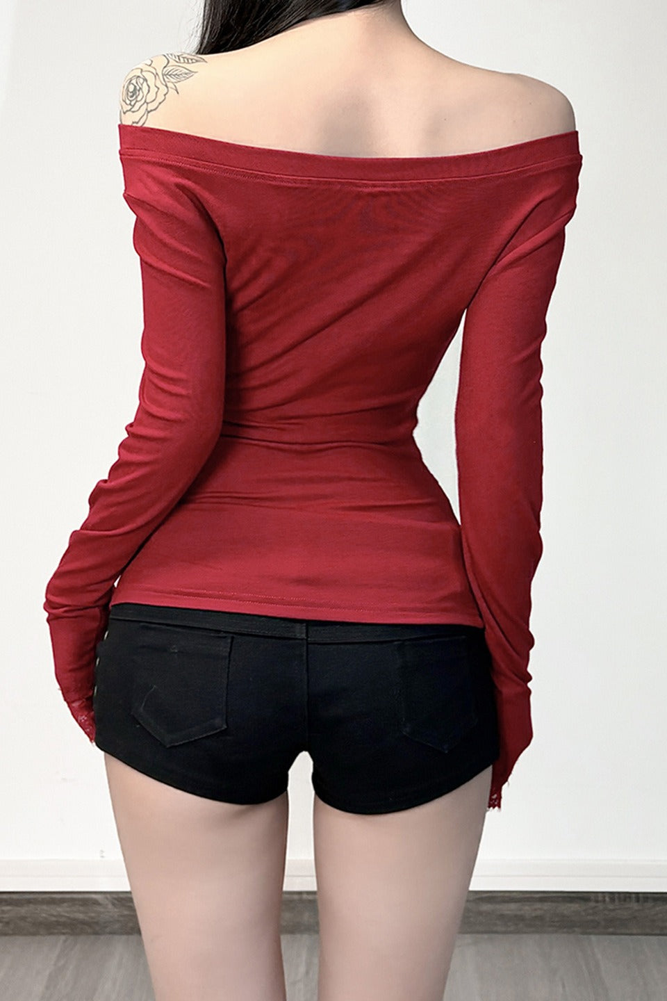 E-girl Dark Print Lace Trim Off Shoulder Slim T-shirt