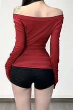 E-girl Dark Print Lace Trim Off Shoulder Slim T-shirt