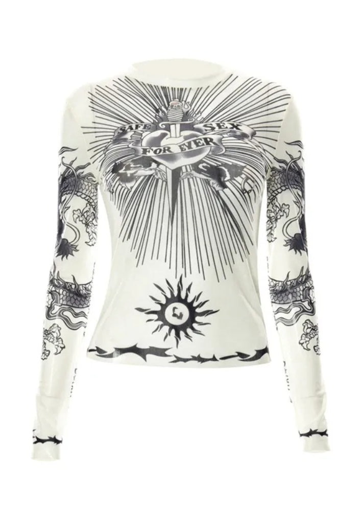 Y2K Punk Graphic Full Sleeve See Through T-shirt