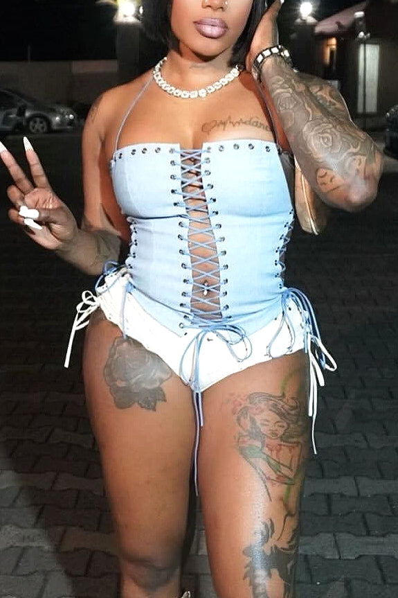 Street Light Blue Lace-up Tube Tank Top Secondary image