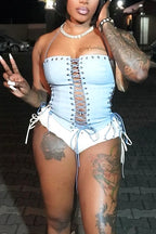 Street Light Blue Lace-up Tube Tank Top