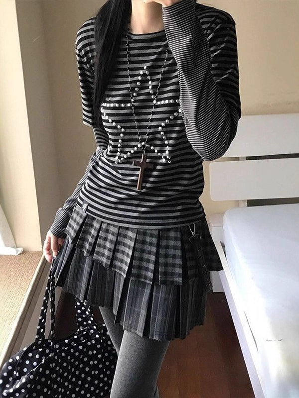 Stripe Layered Star Rhinestone Crew Neck Long Sleeve T-shirt
