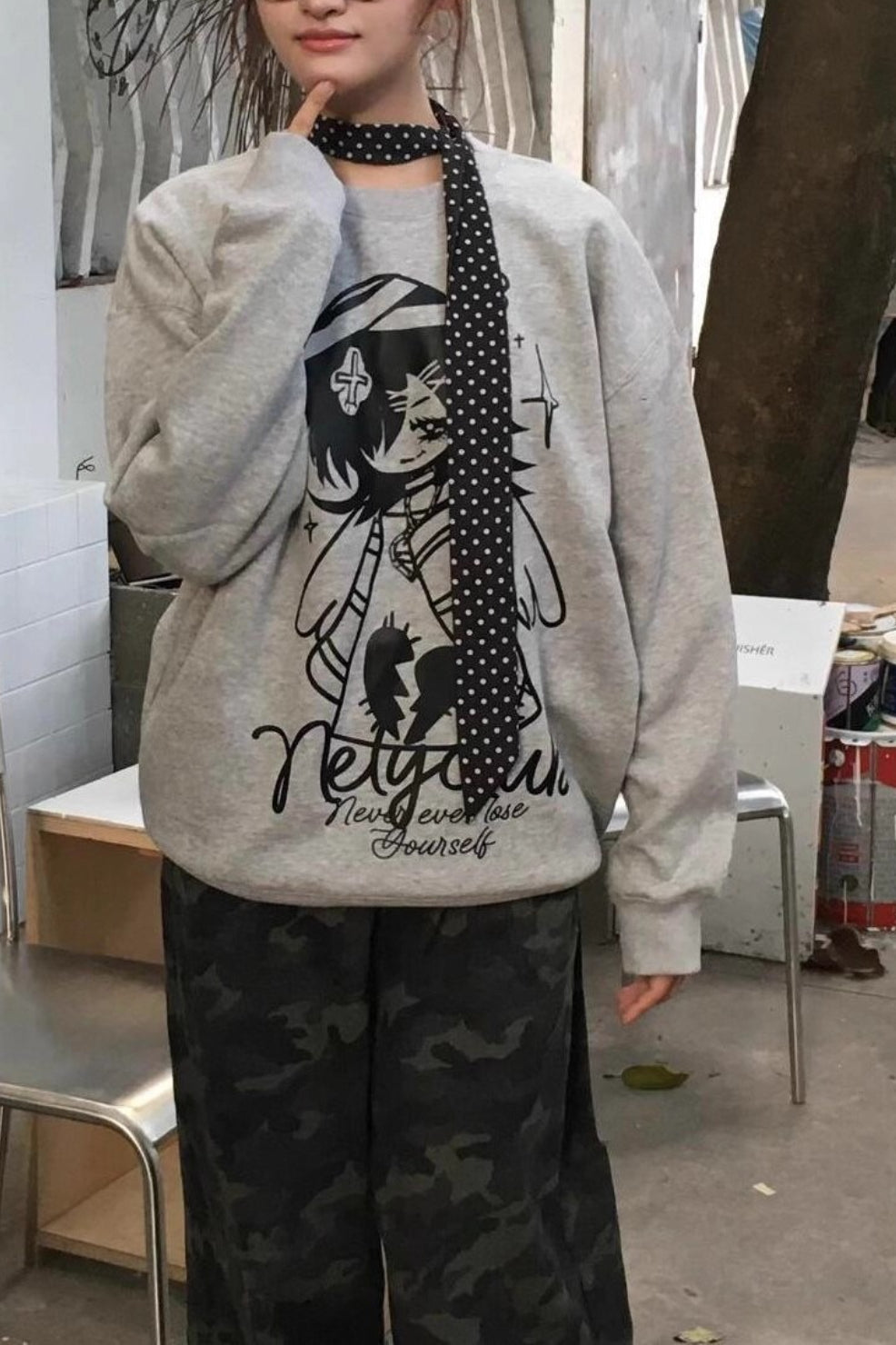Bandage Angel Print Grey Subculture Loose Sweatshirt Secondary image