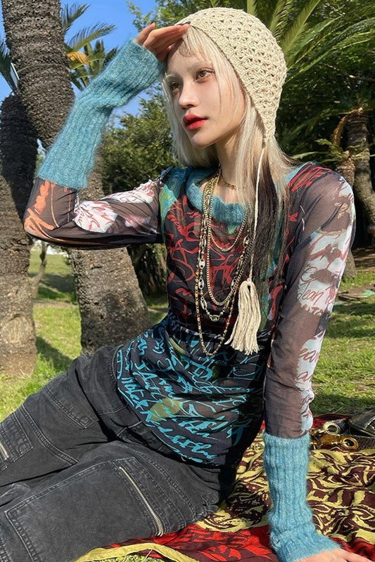 Futuristic Long Sleeve Crew Neck Print Mesh Top
